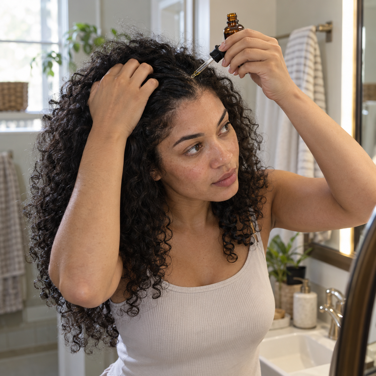 AI-generated concept scene of a pre-wash oil routine; formula and packaging not finalized